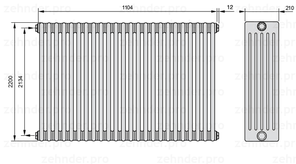 Схема (чертеж) Радиатор Zehnder Charleston 6220/24 №1270 Белый глянцевый RAL 9016